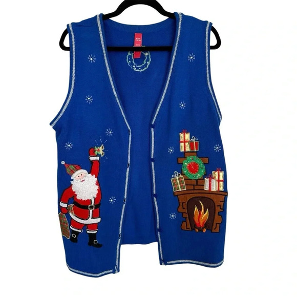 Women’s Sleeveless Royal Blue Santa & Fireplace Christmas Vest Size XL 16-18 GUC - Picture 1 of 7